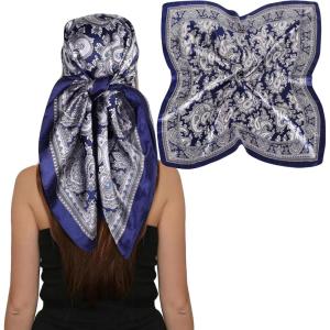 imageEXTREE Womens 35 inch Fashion Headscarf Silk Satin Scarf for Hair Wrapping at Night Bandana Square Scarf for SleepingNavy