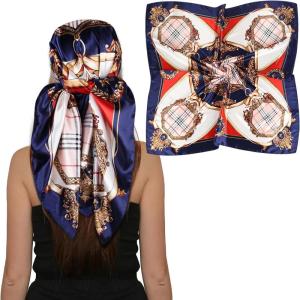 imageEXTREE Womens 35 inch Fashion Headscarf Silk Satin Scarf for Hair Wrapping at Night Bandana Square Scarf for SleepingNavy Blue Plaid Crown