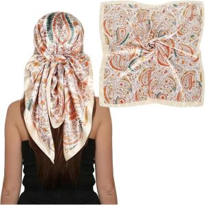 imageEXTREE Womens 35 inch Fashion Headscarf Silk Satin Scarf for Hair Wrapping at Night Bandana Square Scarf for SleepingNoble Perlis Pink