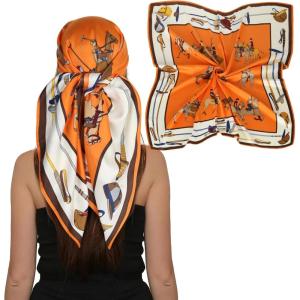 imageEXTREE Womens 35 inch Fashion Headscarf Silk Satin Scarf for Hair Wrapping at Night Bandana Square Scarf for SleepingOrange