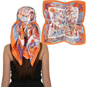 imageEXTREE Womens 35 inch Fashion Headscarf Silk Satin Scarf for Hair Wrapping at Night Bandana Square Scarf for SleepingTreasure Orange Twill