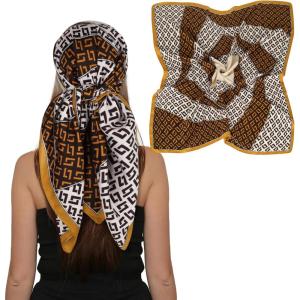 imageEXTREE Womens 35 inch Fashion Headscarf Silk Satin Scarf for Hair Wrapping at Night Bandana Square Scarf for SleepingTurmeric