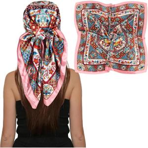 imageEXTREE Womens 35 inch Fashion Headscarf Silk Satin Scarf for Hair Wrapping at Night Bandana Square Scarf for SleepingYunjin Tianhua Pink