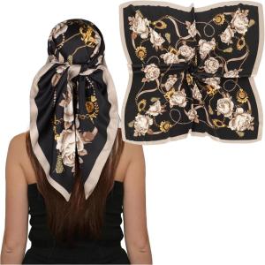 imageEXTREE Womens 35 inch Fashion Headscarf Silk Satin Scarf for Hair Wrapping at Night Bandana Square Scarf for SleepingChampagne Rose on Black Background