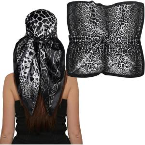 imageEXTREE Womens 35 inch Fashion Headscarf Silk Satin Scarf for Hair Wrapping at Night Bandana Square Scarf for SleepingLeopard Black
