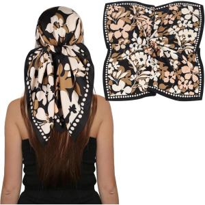 imageEXTREE Womens 35 inch Fashion Headscarf Silk Satin Scarf for Hair Wrapping at Night Bandana Square Scarf for SleepingBlack French Flowers