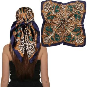 imageEXTREE Womens 35 inch Fashion Headscarf Silk Satin Scarf for Hair Wrapping at Night Bandana Square Scarf for SleepingLeopard Tassel Dark Green