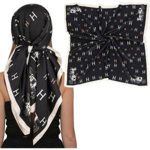imageEXTREE Luxury Satin Head Scarf 35x35  Silklike Wrap for Women Versatile ShawlSun CoverWrapping Premium Gift for HerAlphabet Carriage Black