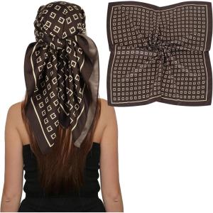imageEXTREE Luxury Satin Head Scarf 35x35  Silklike Wrap for Women Versatile ShawlSun CoverWrapping Premium Gift for HerDark Brown Fashionable Letter Pattern