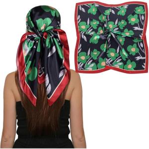 imageEXTREE Luxury Satin Head Scarf 35x35  Silklike Wrap for Women Versatile ShawlSun CoverWrapping Premium Gift for HerGreen Flowers on Black Background