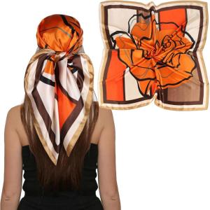 imageEXTREE Luxury Satin Head Scarf 35x35  Silklike Wrap for Women Versatile ShawlSun CoverWrapping Premium Gift for HerRomantic Big Orange Flowers
