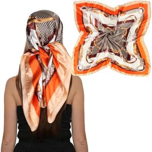 imageEXTREE Luxury Satin Head Scarf 35x35  Silklike Wrap for Women Versatile ShawlSun CoverWrapping Premium Gift for HerHoundstooth Belt Chain Orange