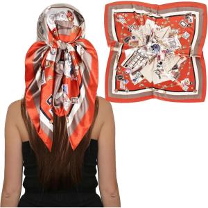imageEXTREE Luxury Satin Head Scarf 35x35  Silklike Wrap for Women Versatile ShawlSun CoverWrapping Premium Gift for HerModern Times Red