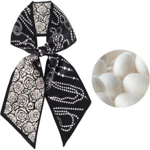 imageEXTREE Satin Scarf 100 Mulberry Silk Printed Head Wrap Hair Band 59quotquot x 57quotquotBlack Crystal