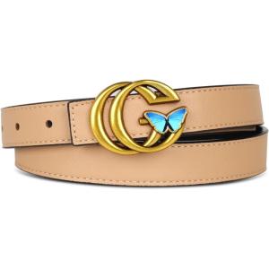 imageEXTREE Gold Buckle Belts for Women Fashion Waist Band Elegant Ladies Belt Gift for WomenIdeal for Dresses JeansGold Butterfly Buckle Light Khaki Leather