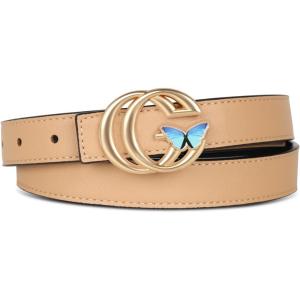 imageEXTREE Gold Buckle Belts for Women Fashion Waist Band Elegant Ladies Belt Gift for WomenIdeal for Dresses JeansLight Gold Butterfly Buckle Light Khaki Leather