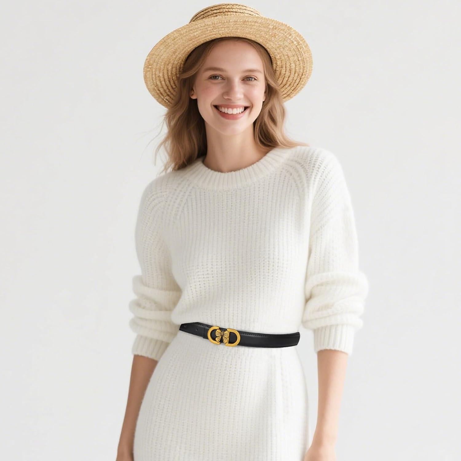 imageEXTREE Gold Buckle Belts for Women Fashion Waist Band Elegant Ladies Belt Gift for WomenIdeal for Dresses JeansGold Vintage Black Leather Belt