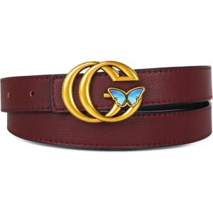 imageEXTREE Gold Buckle Belts for Women Fashion Waist Band Elegant Ladies Belt Gift for WomenIdeal for Dresses JeansGold Butterfly Clasp  Burgundy Leather