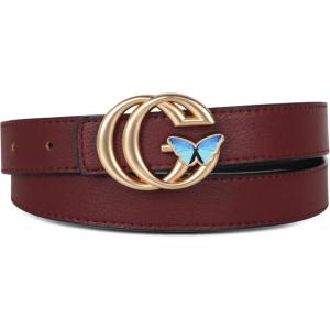 imageEXTREE Gold Buckle Belts for Women Fashion Waist Band Elegant Ladies Belt Gift for WomenIdeal for Dresses JeansLight Gold Butterfly Clasp  Burgundy Leather