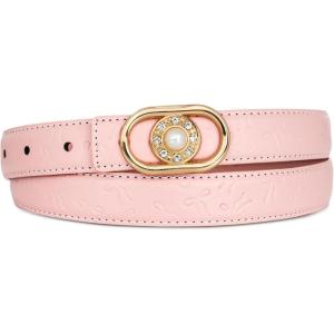 imageEXTREE Gold Buckle Belts for Women Fashion Waist Band Elegant Ladies Belt Gift for WomenIdeal for Dresses JeansWomens Pink Leather Belt With a Gold and Pearl Rhinestone Buckle