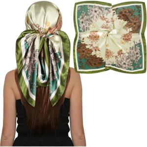 imageEXTREE Head Scarf for Women Like Silk Scarf Hair Scarf Printed Square Scarf Bandanas for Women 35 InchesDark Green
