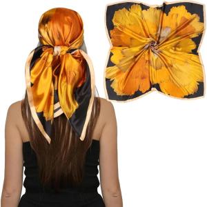 imageEXTREE Head Scarf for Women Like Silk Scarf Hair Scarf Printed Square Scarf Bandanas for Women 35 InchesOrangedyed Flowers