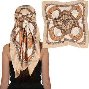imageEXTREE Head Scarf for Women Like Silk Scarf Hair Scarf Printed Square Scarf Bandanas for Women 35 InchesRetro Geometric Khaki