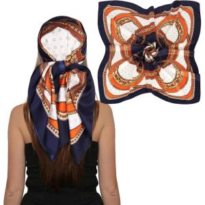 imageEXTREE Head Scarf for Women Like Silk Scarf Hair Scarf Printed Square Scarf Bandanas for Women 35 InchesRetro Geometric Navy Blue