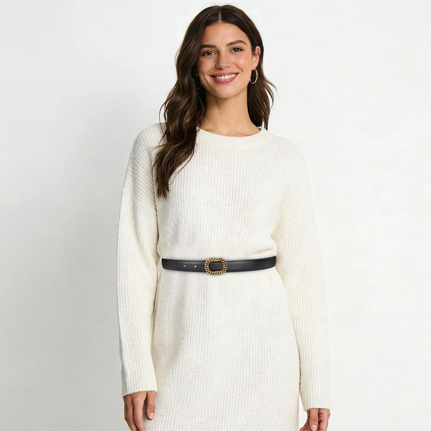 imageEXTREE Gold Buckle Belts for Women Fashion Waist Band Elegant Ladies Belt Gift for WomenIdeal for Dresses JeansGolden Vintage Black Leather Belt