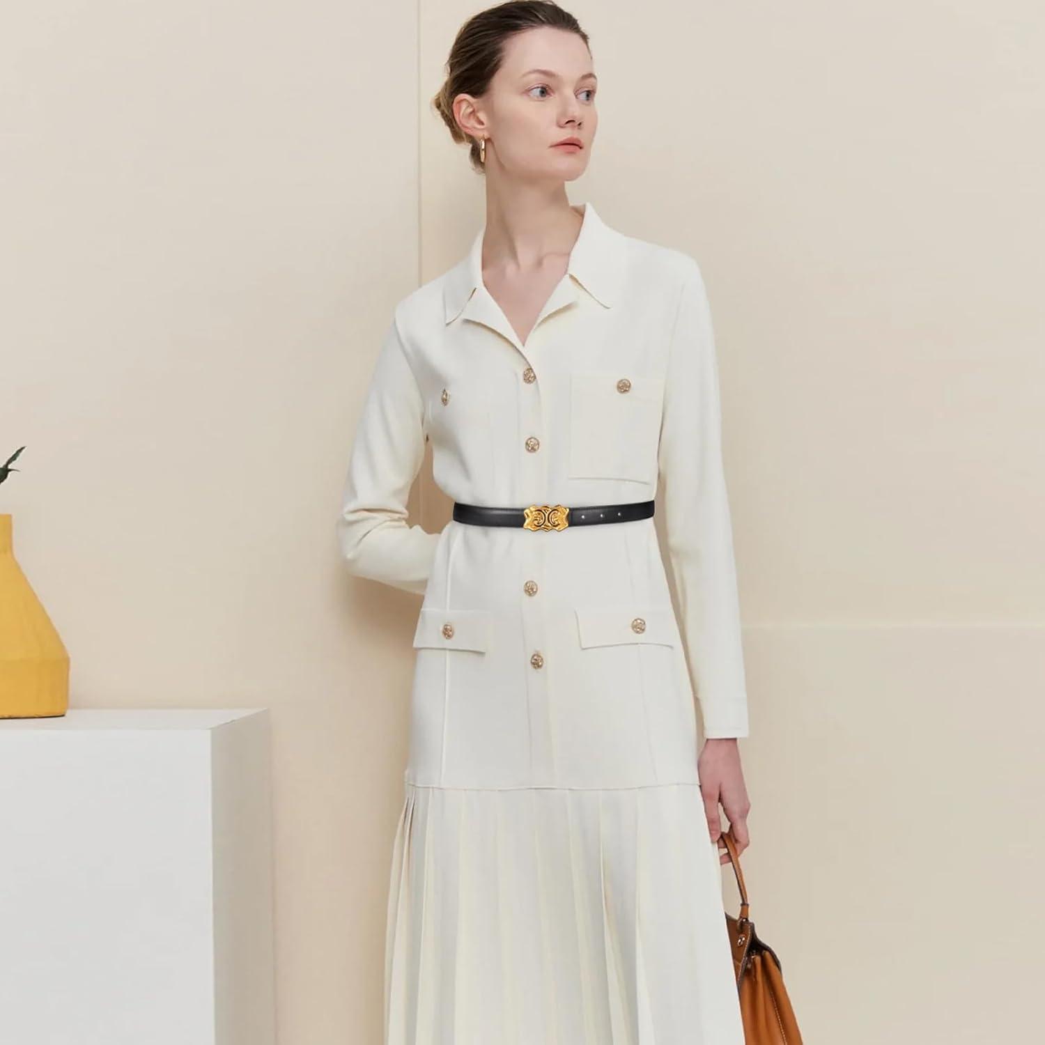 imageEXTREE Gold Buckle Belts for Women Fashion Waist Band Elegant Ladies Belt Gift for WomenIdeal for Dresses JeansVintage Gold Buckle Belt