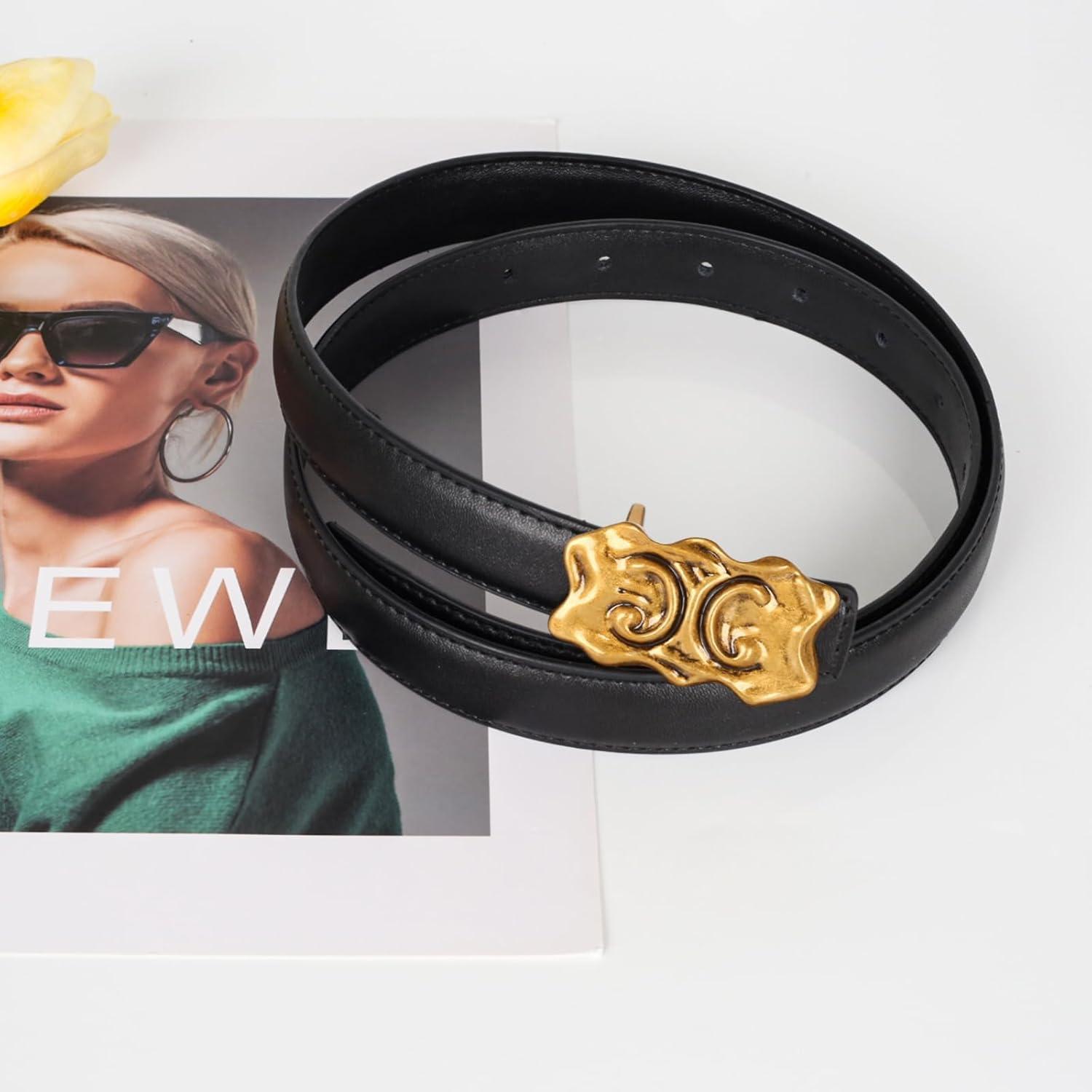 imageEXTREE Gold Buckle Belts for Women Fashion Waist Band Elegant Ladies Belt Gift for WomenIdeal for Dresses JeansVintage Gold Buckle Belt