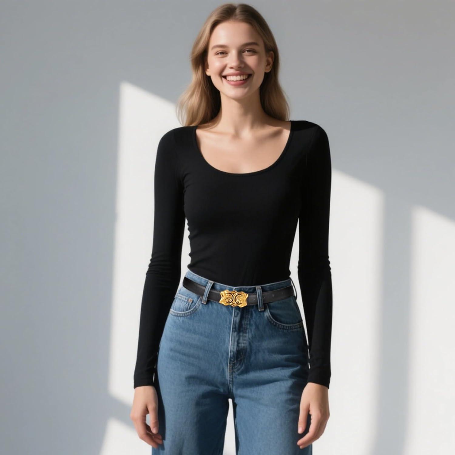 imageEXTREE Gold Buckle Belts for Women Fashion Waist Band Elegant Ladies Belt Gift for WomenIdeal for Dresses JeansVintage Gold Buckle Belt