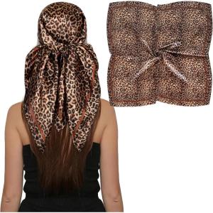 imageEXTREE Head Scarf for Women Like Silk Scarf Hair Scarf Printed Square Scarf Bandanas for Women 35 InchesLeopard Print Brown