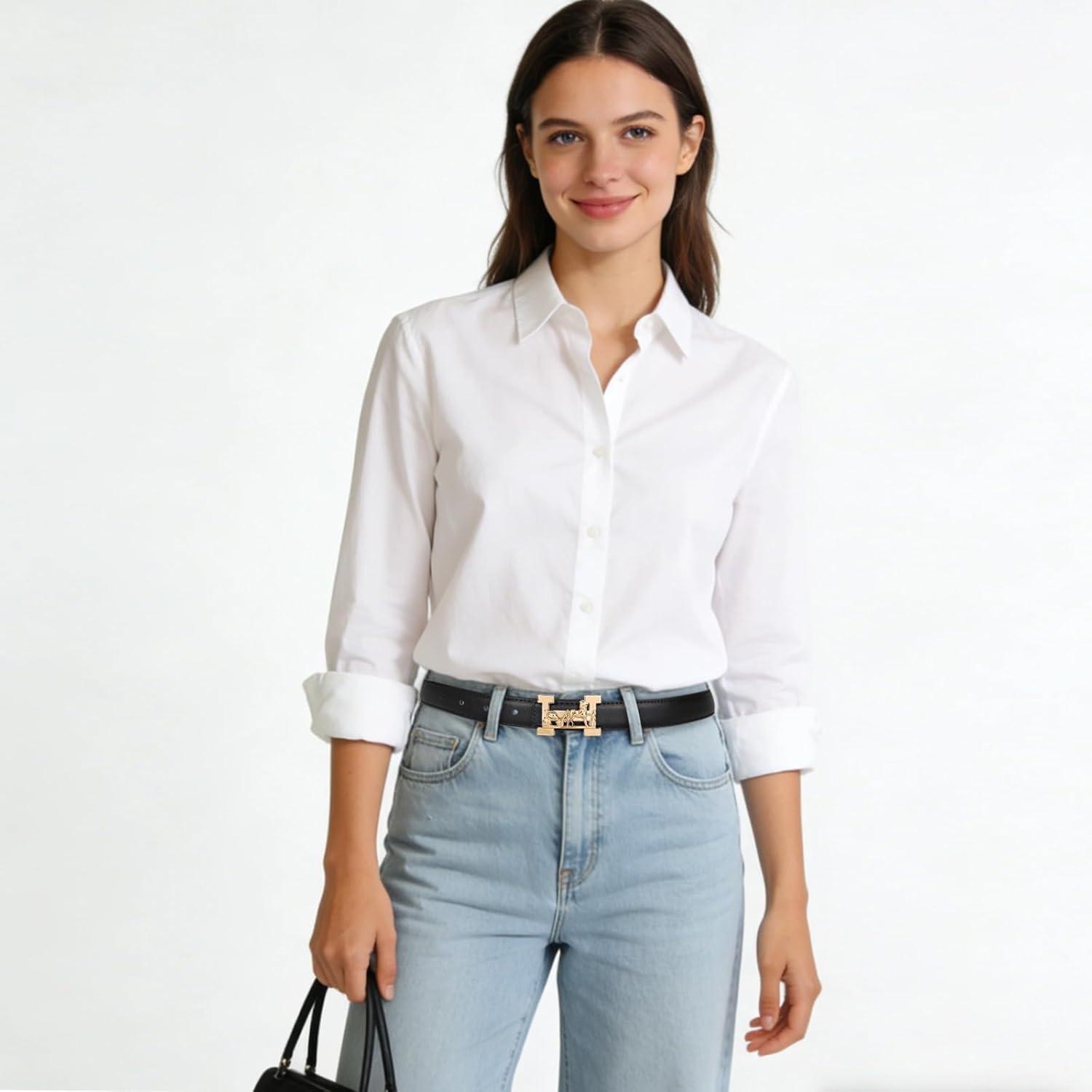 imageEXTREE Vintage Luxe Womens Belt Gold Buckle Design Ideal for Dresses Jeans Gift AccessoryBlack Gold Horse Carriage Buckle