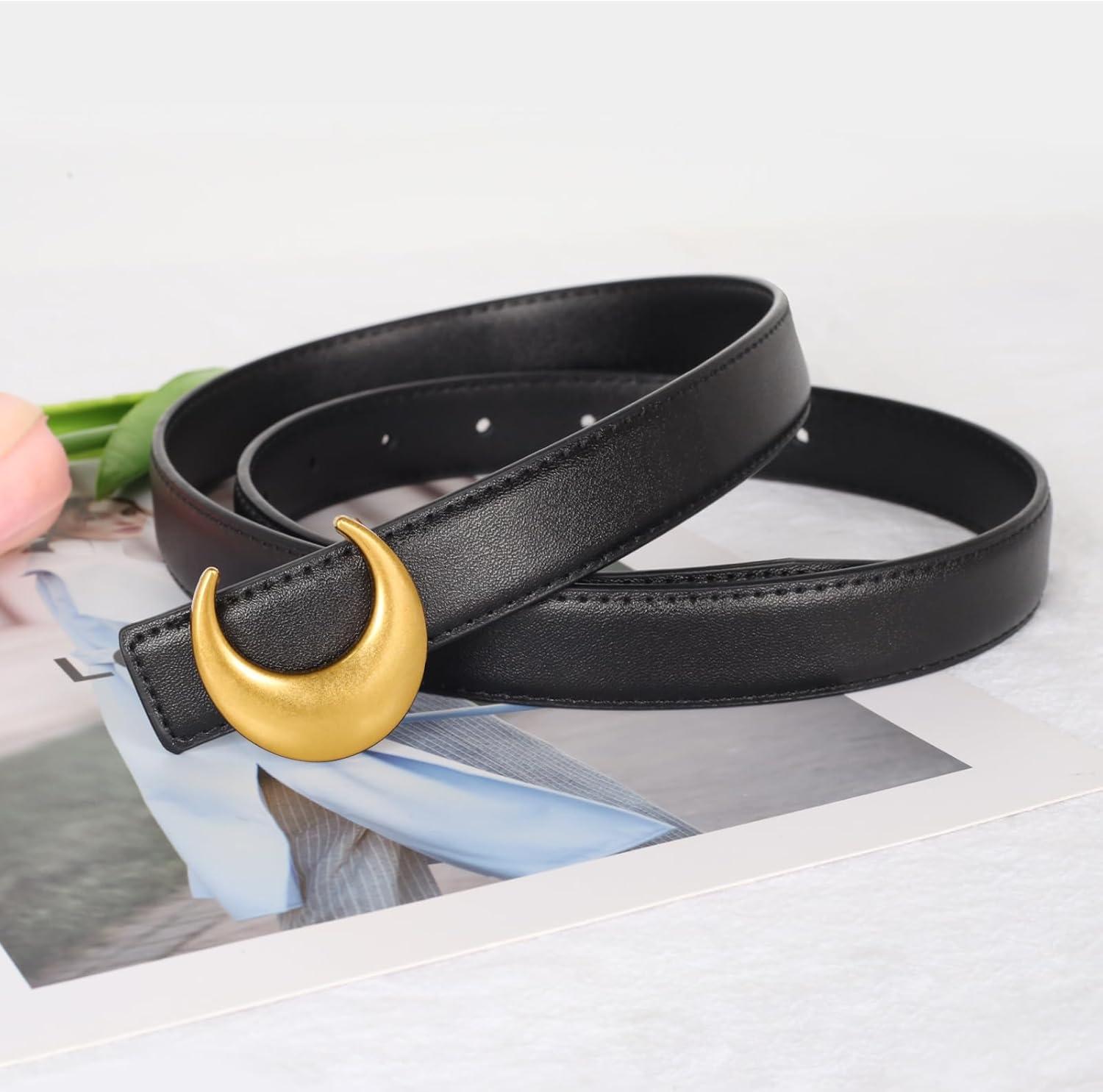 imageEXTREE Vintage Luxe Womens Belt Gold Buckle Design Ideal for Dresses Jeans Gift AccessoryVintage Matte Gold Hornshaped Moon Buckle