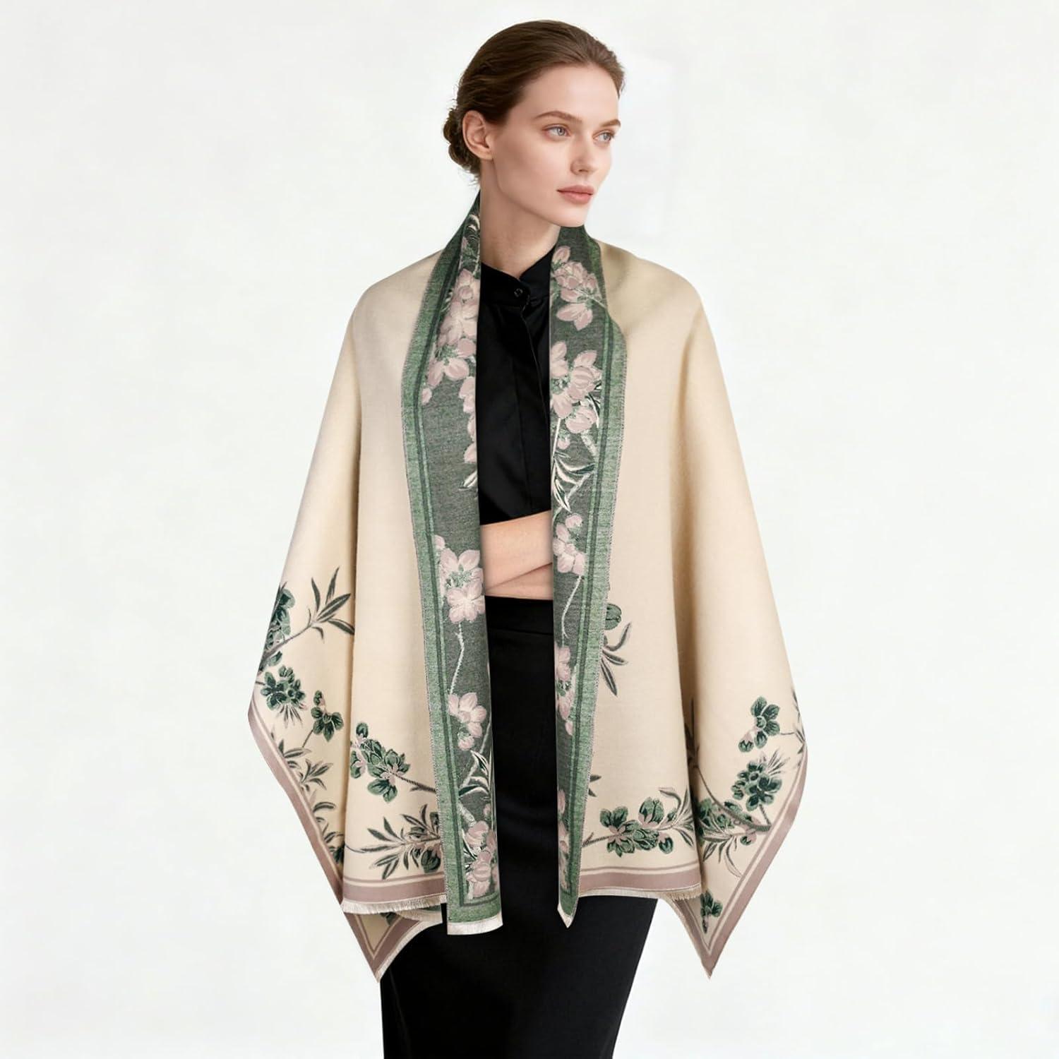 imageEXTREE Womens Scarf Wrap Soft amp Warm Shawl Lightweight SkinFriendly Versatile for All Seasons Holiday Gift IdeaVintage Beige Forest Green Floral