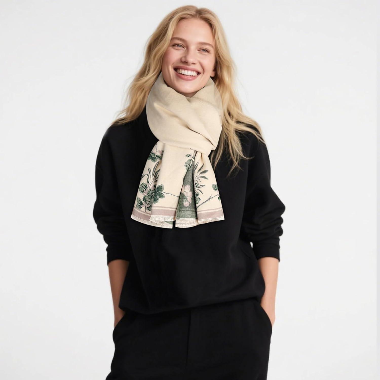 imageEXTREE Womens Scarf Wrap Soft amp Warm Shawl Lightweight SkinFriendly Versatile for All Seasons Holiday Gift IdeaVintage Beige Forest Green Floral