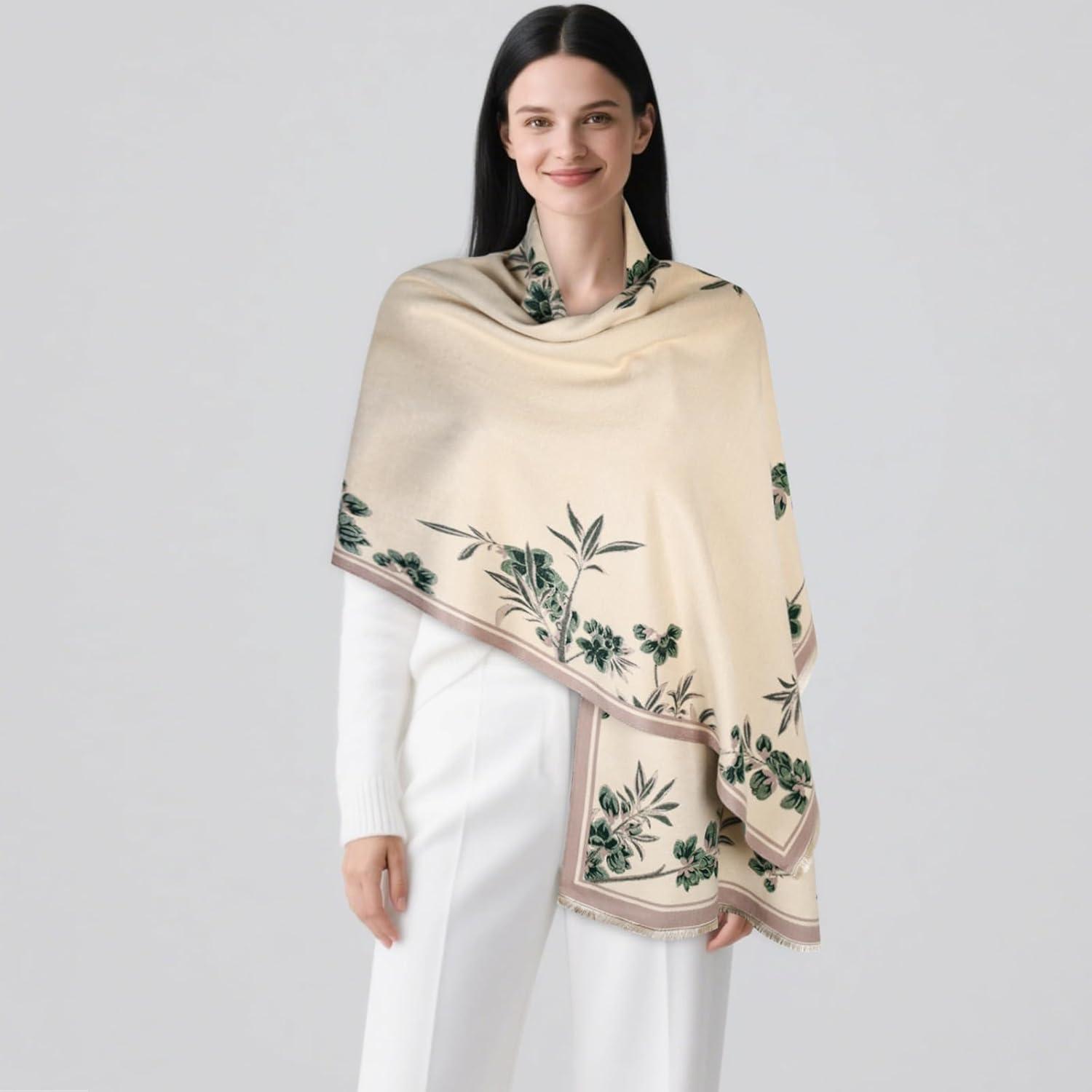 imageEXTREE Womens Scarf Wrap Soft amp Warm Shawl Lightweight SkinFriendly Versatile for All Seasons Holiday Gift IdeaVintage Beige Forest Green Floral