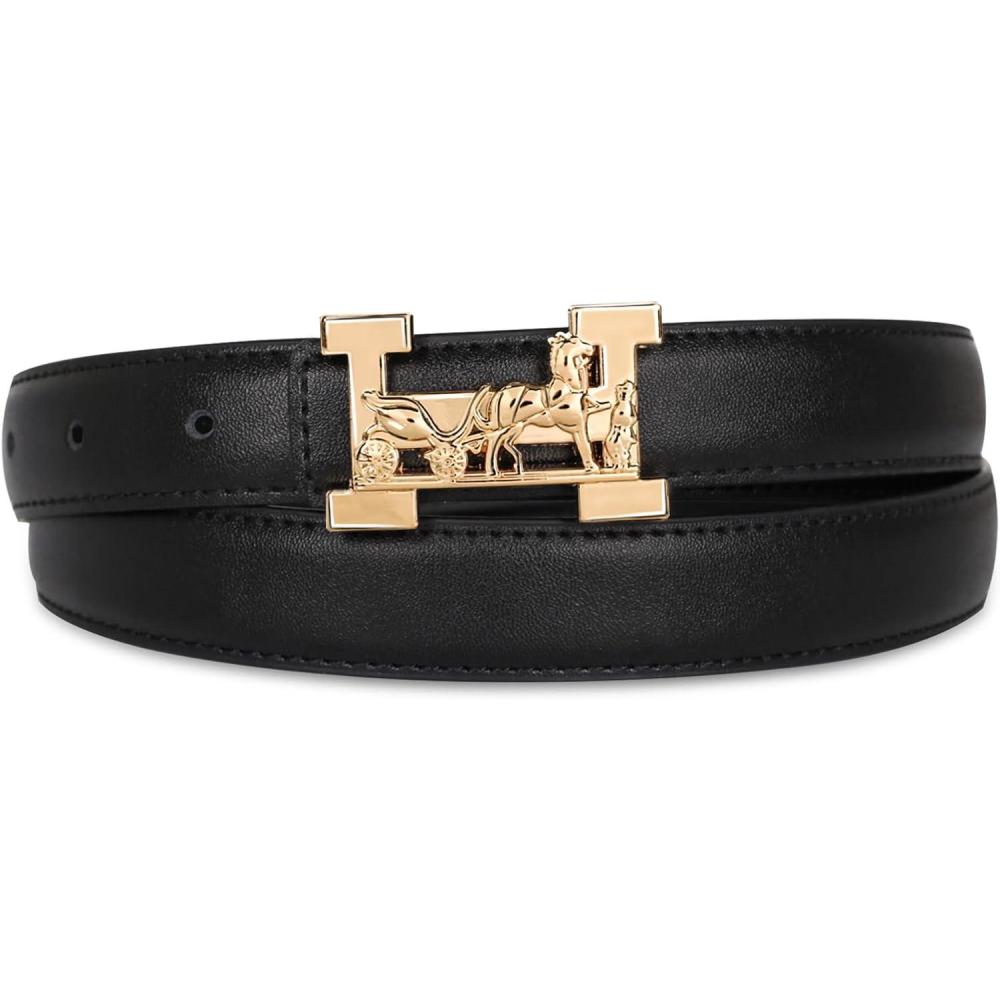 imageEXTREE Vintage Luxe Womens Belt Gold Buckle Design Ideal for Dresses Jeans Gift AccessoryBlack Gold Horse Carriage Buckle