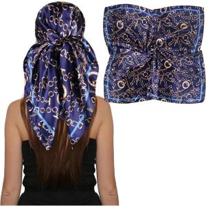 imageEXTREE Luxury Satin Head Scarf 35x35  Silklike Wrap for Women Versatile ShawlSun CoverWrapping Premium Gift for HerLuxury Blue Chain