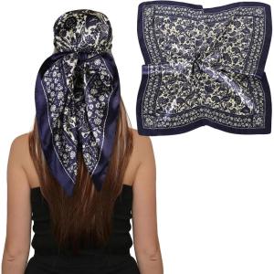 imageEXTREE Luxury Satin Head Scarf 35x35  Silklike Wrap for Women Versatile ShawlSun CoverWrapping Premium Gift for HerNavy Blue Floral Scarf
