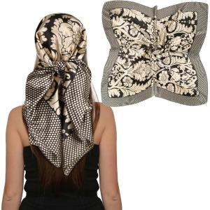 imageEXTREE Luxury Satin Head Scarf 35x35  Silklike Wrap for Women Versatile ShawlSun CoverWrapping Premium Gift for HerPolka Dot Palace Extension Flower