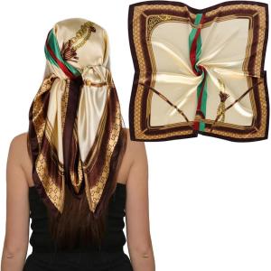 imageEXTREE Luxury Satin Head Scarf 35x35  Silklike Wrap for Women Versatile ShawlSun CoverWrapping Premium Gift for HerVintage Champagne Green Red Stripe