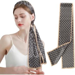 imageEXTREE Satin Scarf Mulberry Silk Printed Head Wrap Hair Band 59 x 57Gray Coffee