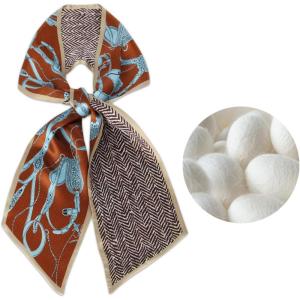 imageEXTREE Satin Scarf Mulberry Silk Printed Head Wrap Hair Band 59 x 57Large Bevel Orange and Blue Lines