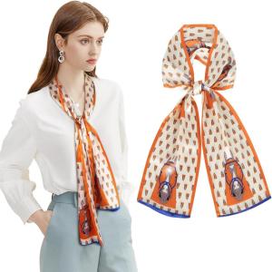 imageEXTREE Satin Scarf Mulberry Silk Printed Head Wrap Hair Band 59 x 57Orange Horse
